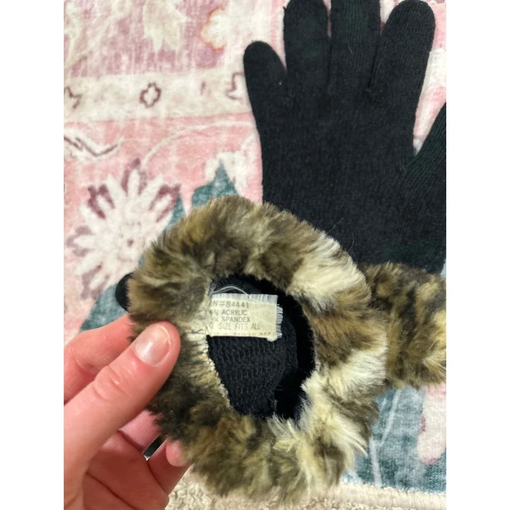 Vintage Womens Black Knit Gloves Leopard Faux Fur Trim Winter Warm‎ Fashion